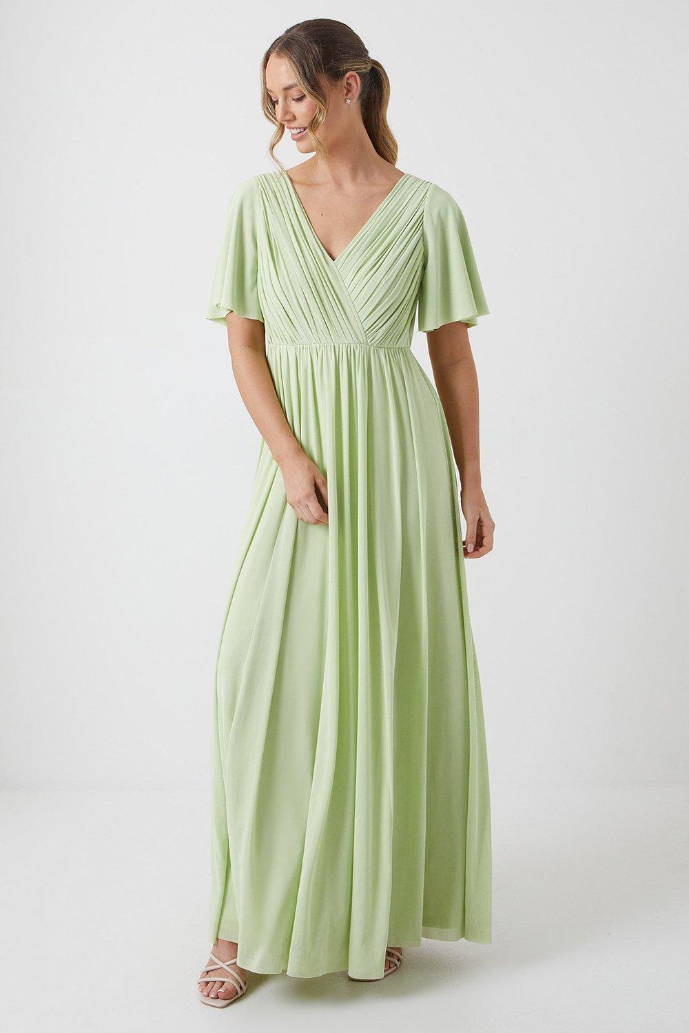 Stretch Mesh Angel Sleeve Bridesmaids Dress - Soft Lime